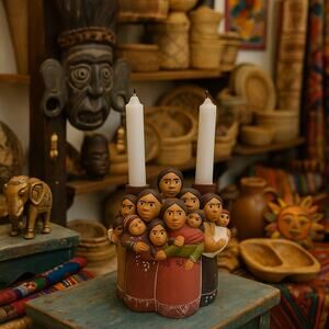 VTG Peruvian Folk Art Pottery Handcrafted Candle Holder Terracotta Clay Women